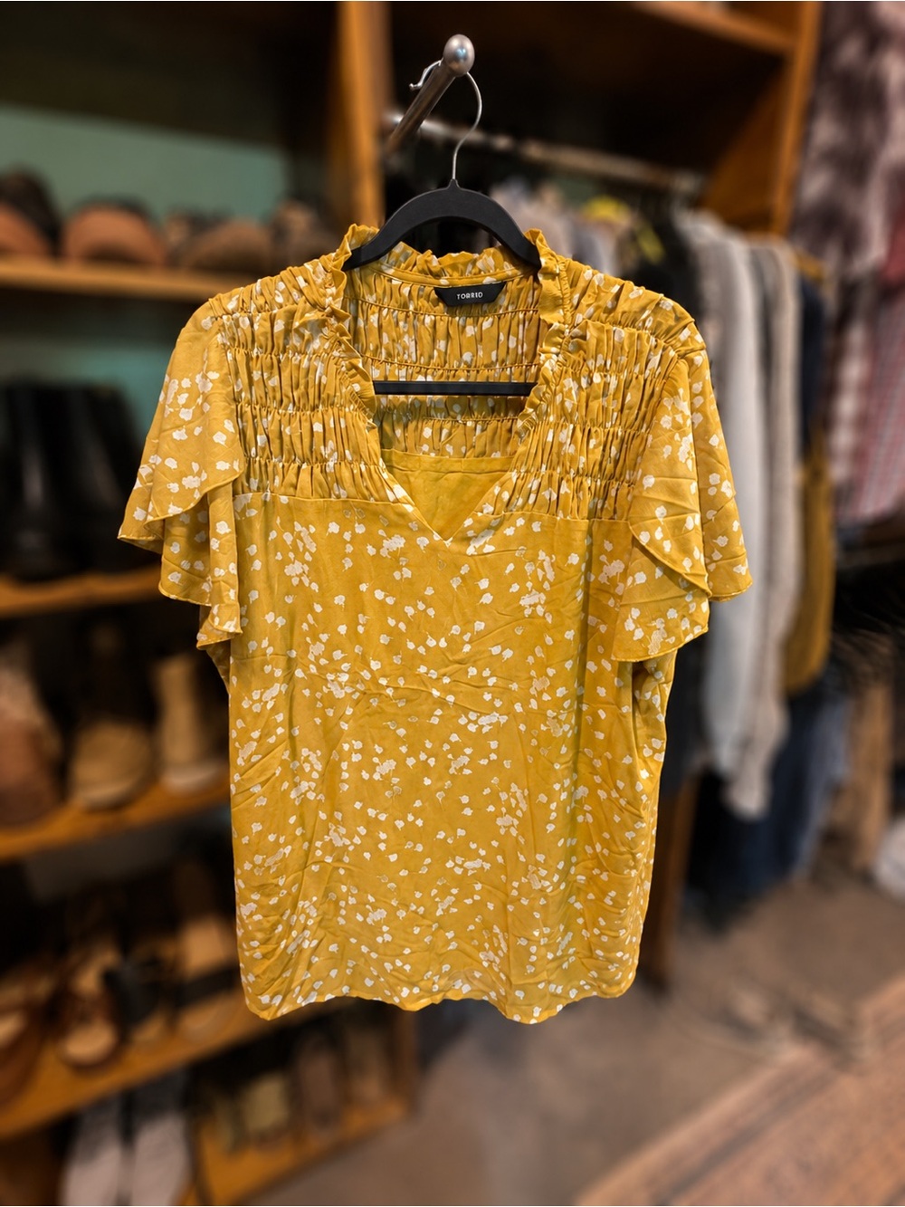 Yellow Floral Smocked Flutter Sleeve Blouse